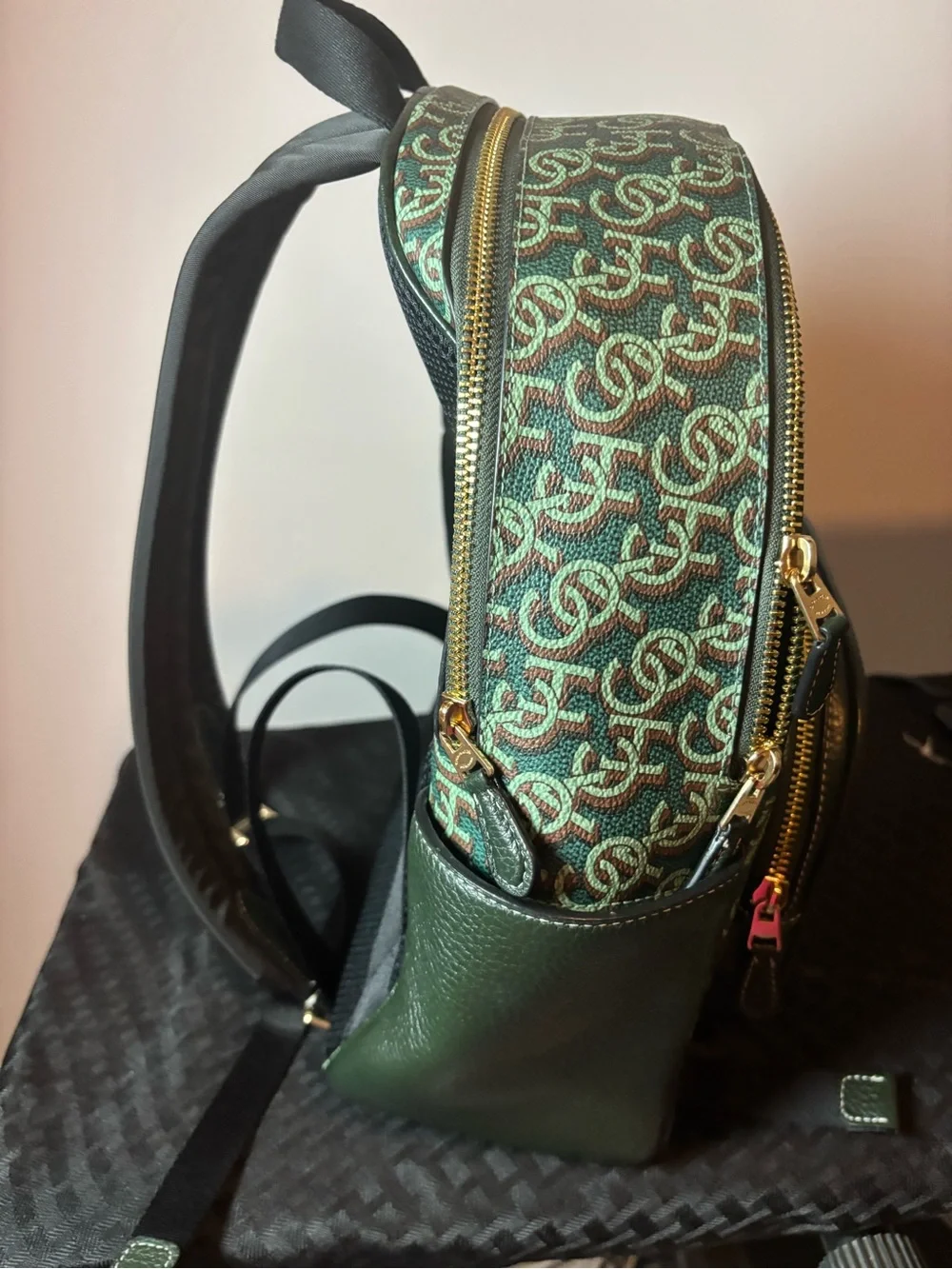 Coach Green Signature Monogram Pebble Leather Backpack